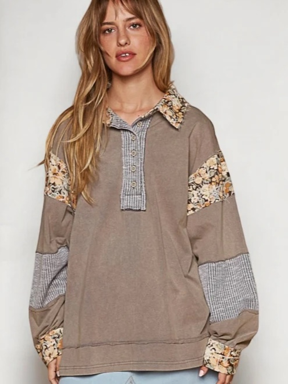 POL Long-Sleeve Mineral Washed Polo Top with Floral Trim - Iron Gray-NWOT-Sz M